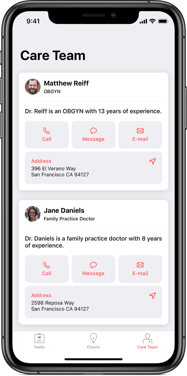 Picture of two different doctor contact cards under Care Team